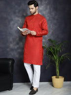 Jompers Men's Red Woven Design Kurta - Red