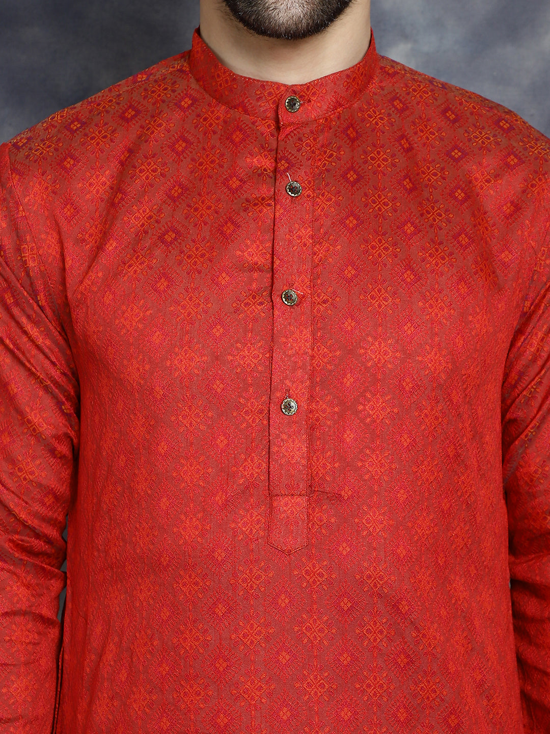 Jompers Men's Red Woven Design Kurta - Red