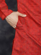 Jompers Men's Red Woven Design Kurta - Red