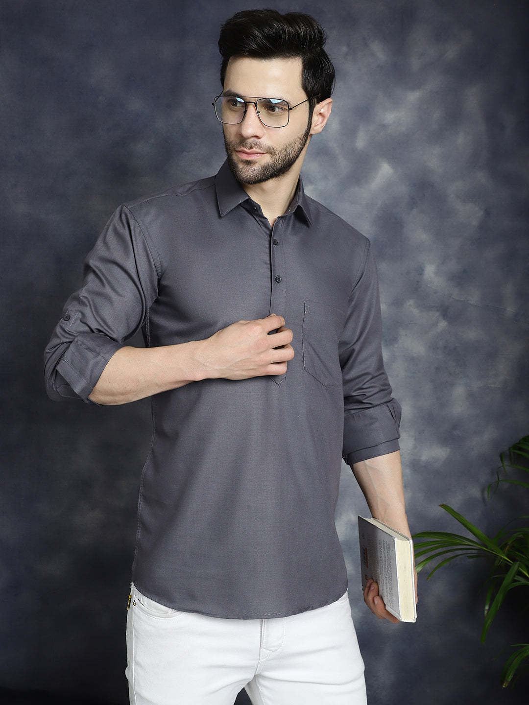 Jompers Men's Grey Solid Short Kurta