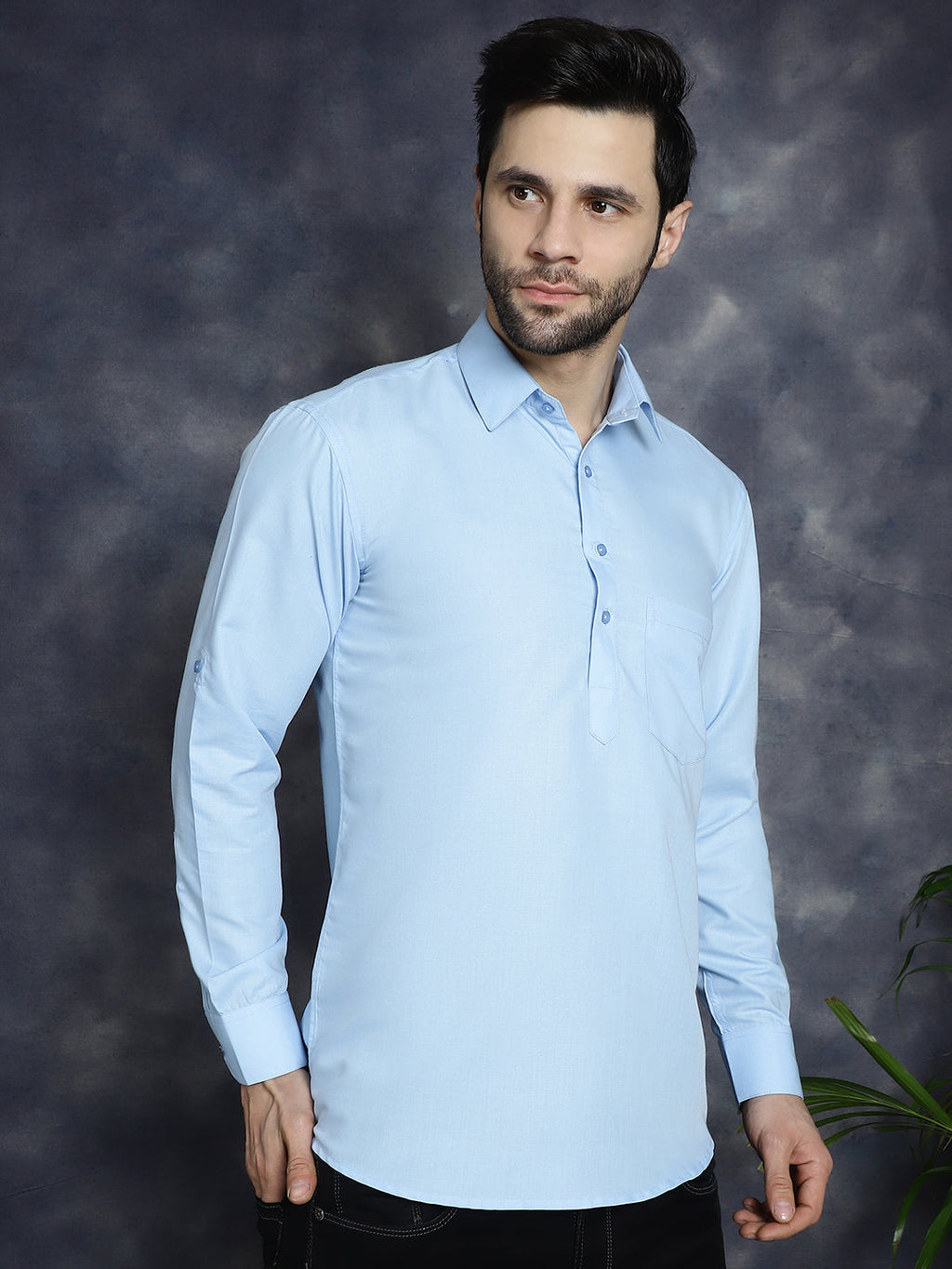 Jompers Men's Light Blue Solid Short Kurta
