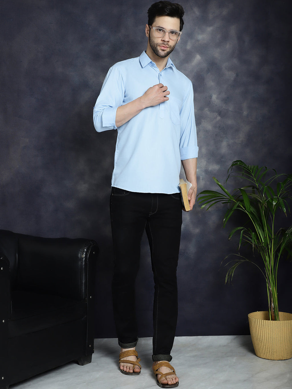 Jompers Men's Light Blue Solid Short Kurta