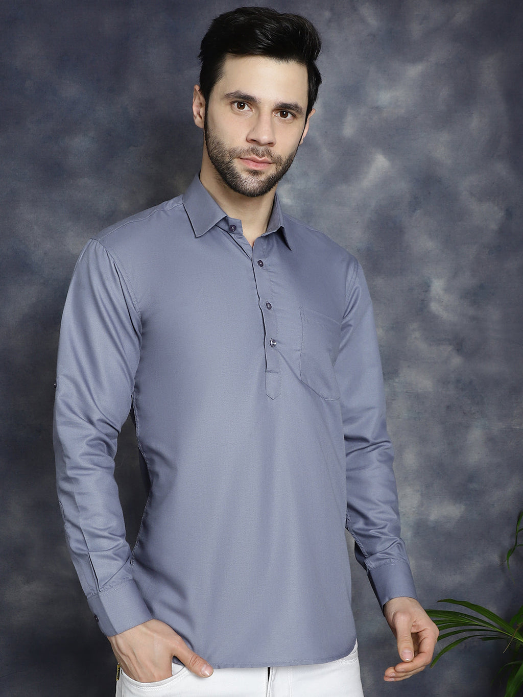 Jompers Men's Light Grey Solid Short Kurta