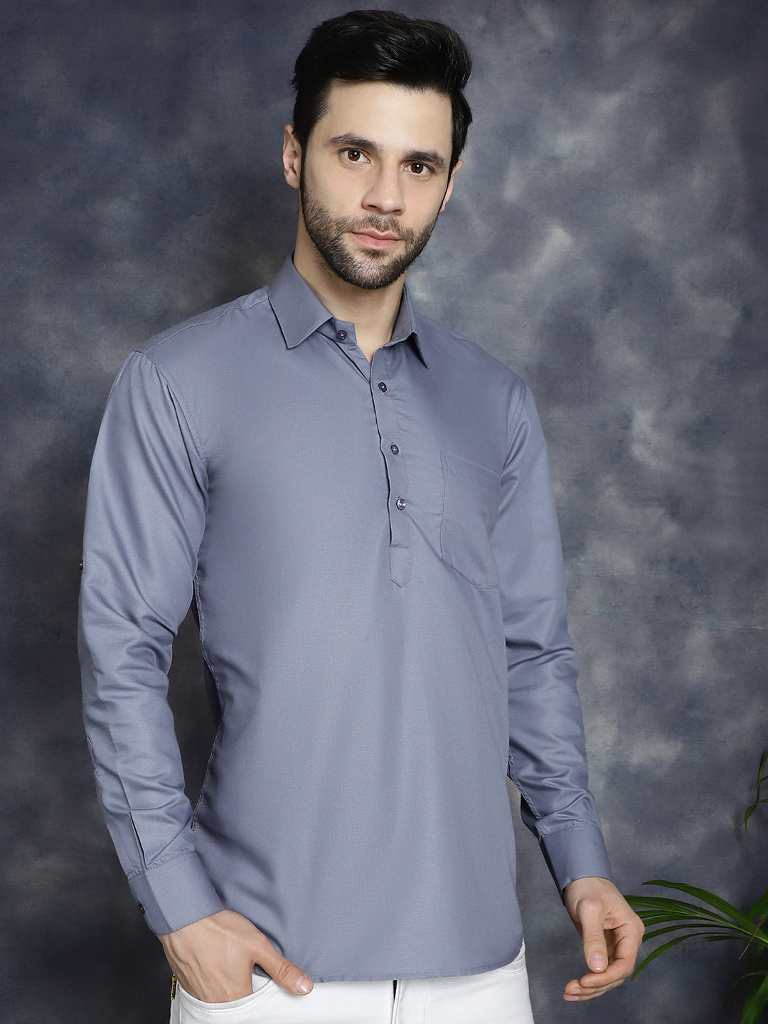 Jompers Men's Light Grey Solid Short Kurta
