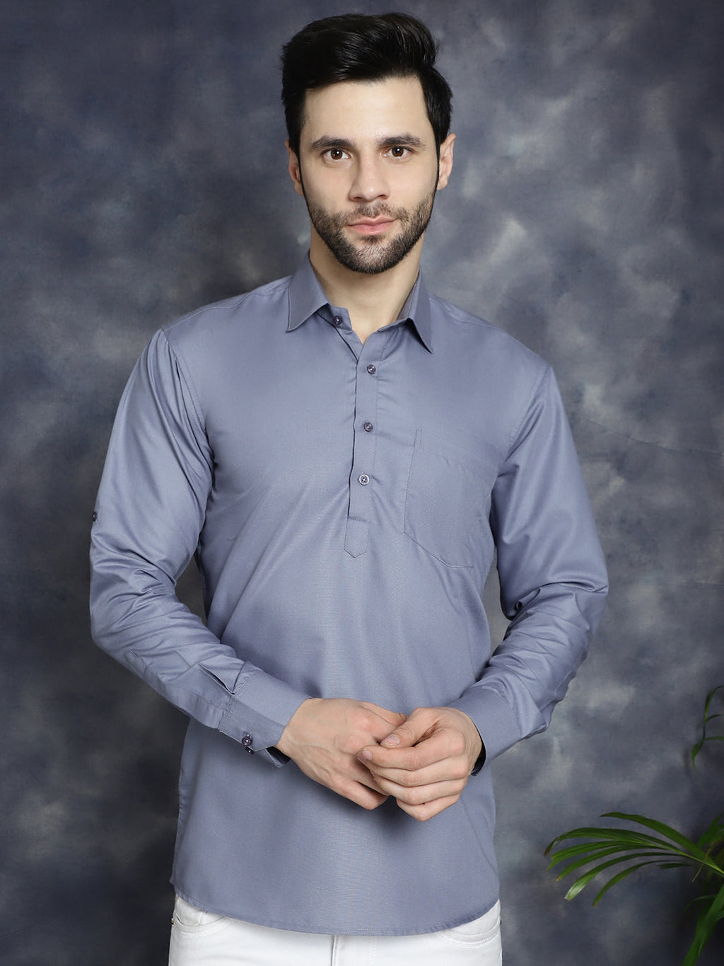 Jompers Men's Light Grey Solid Short Kurta
