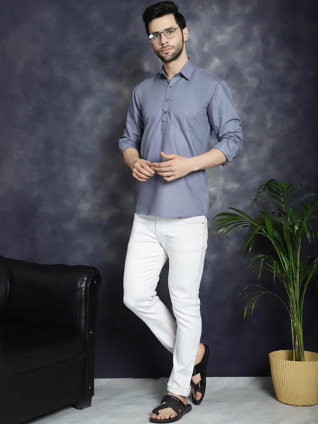 Jompers Men's Light Grey Solid Short Kurta