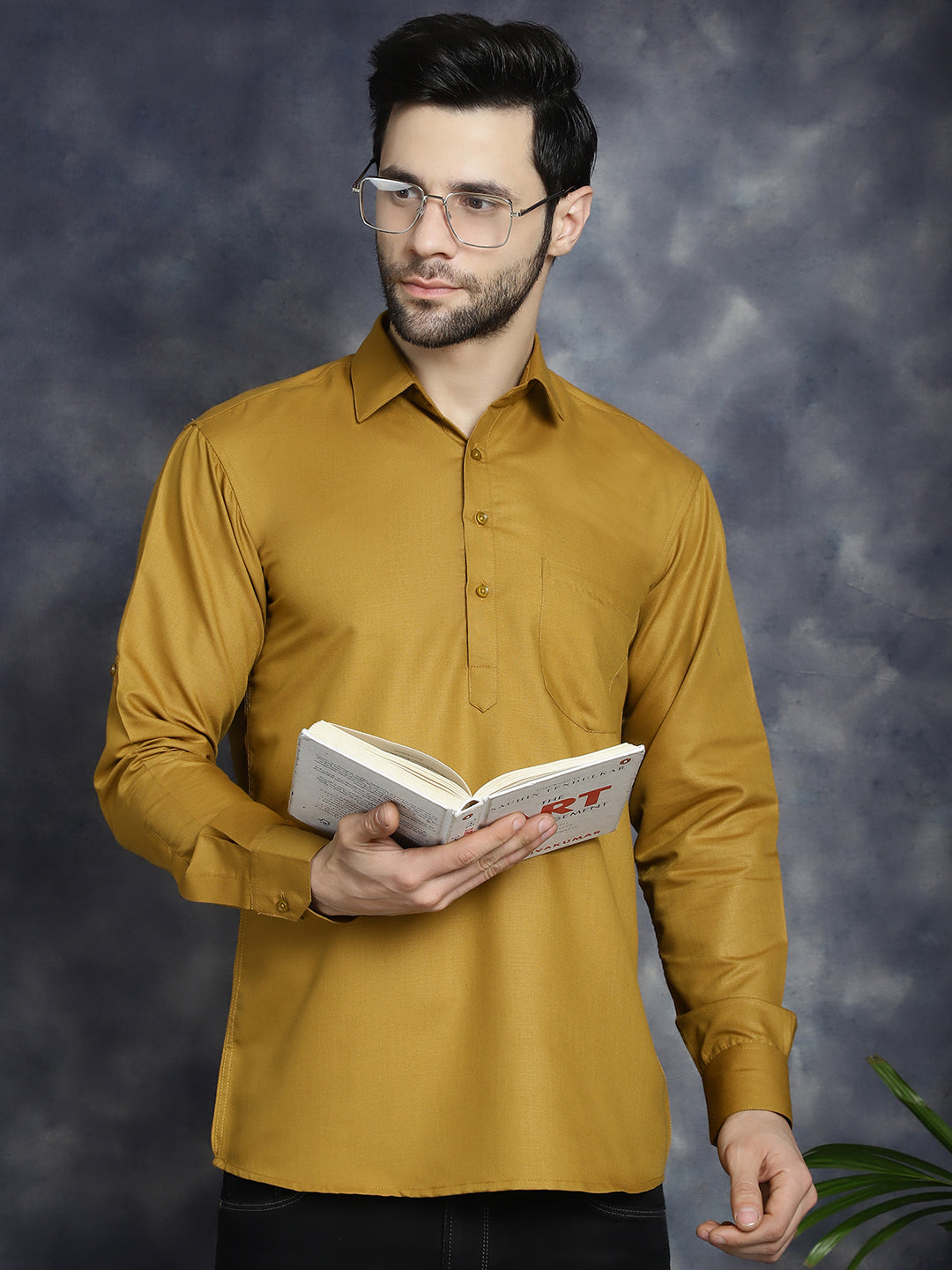 Jompers Men's Mustard Solid Short Kurta