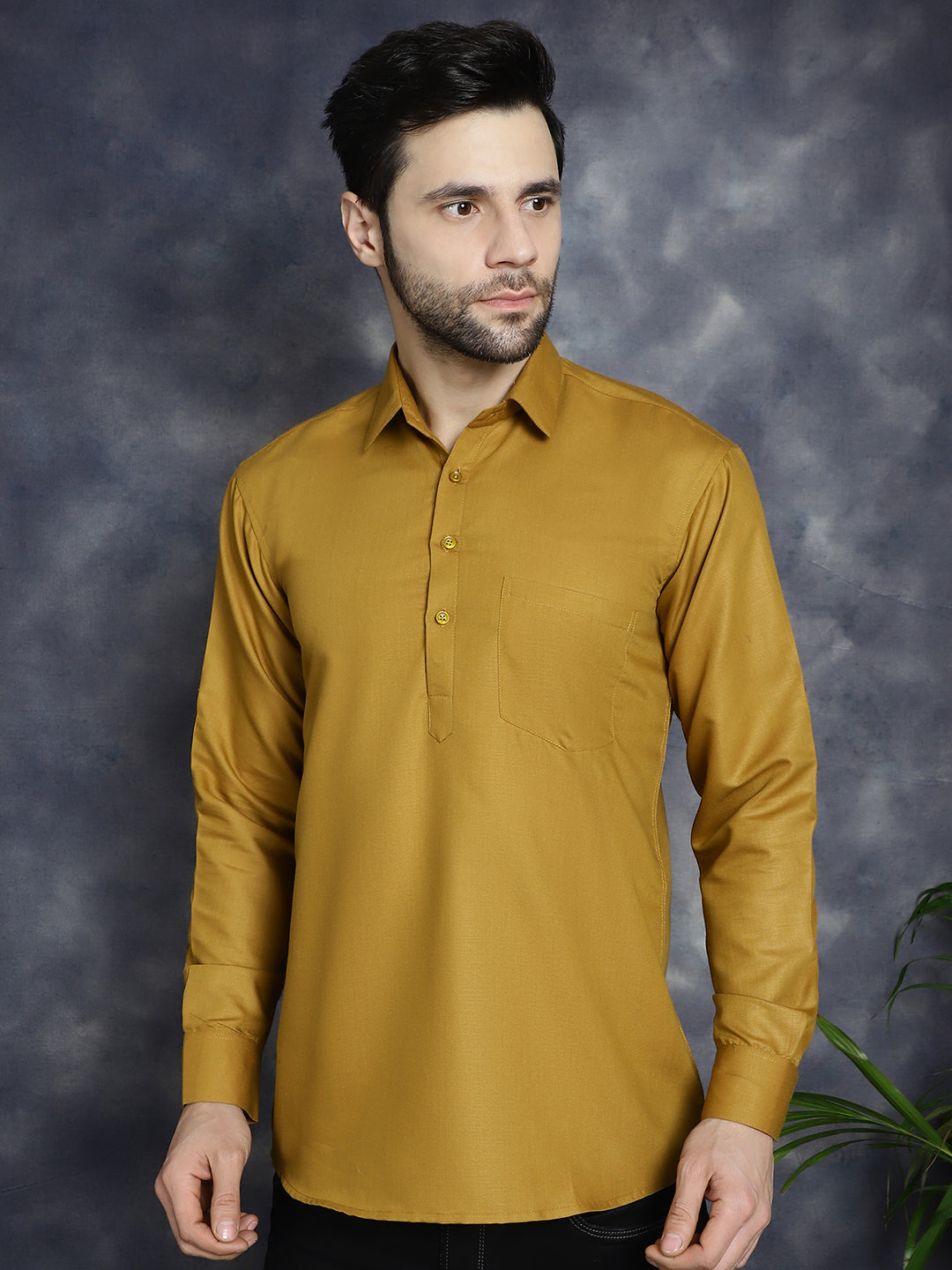 Jompers Men's Mustard Solid Short Kurta
