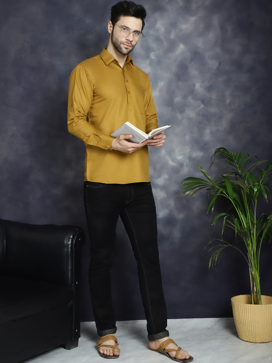 Jompers Men's Mustard Solid Short Kurta
