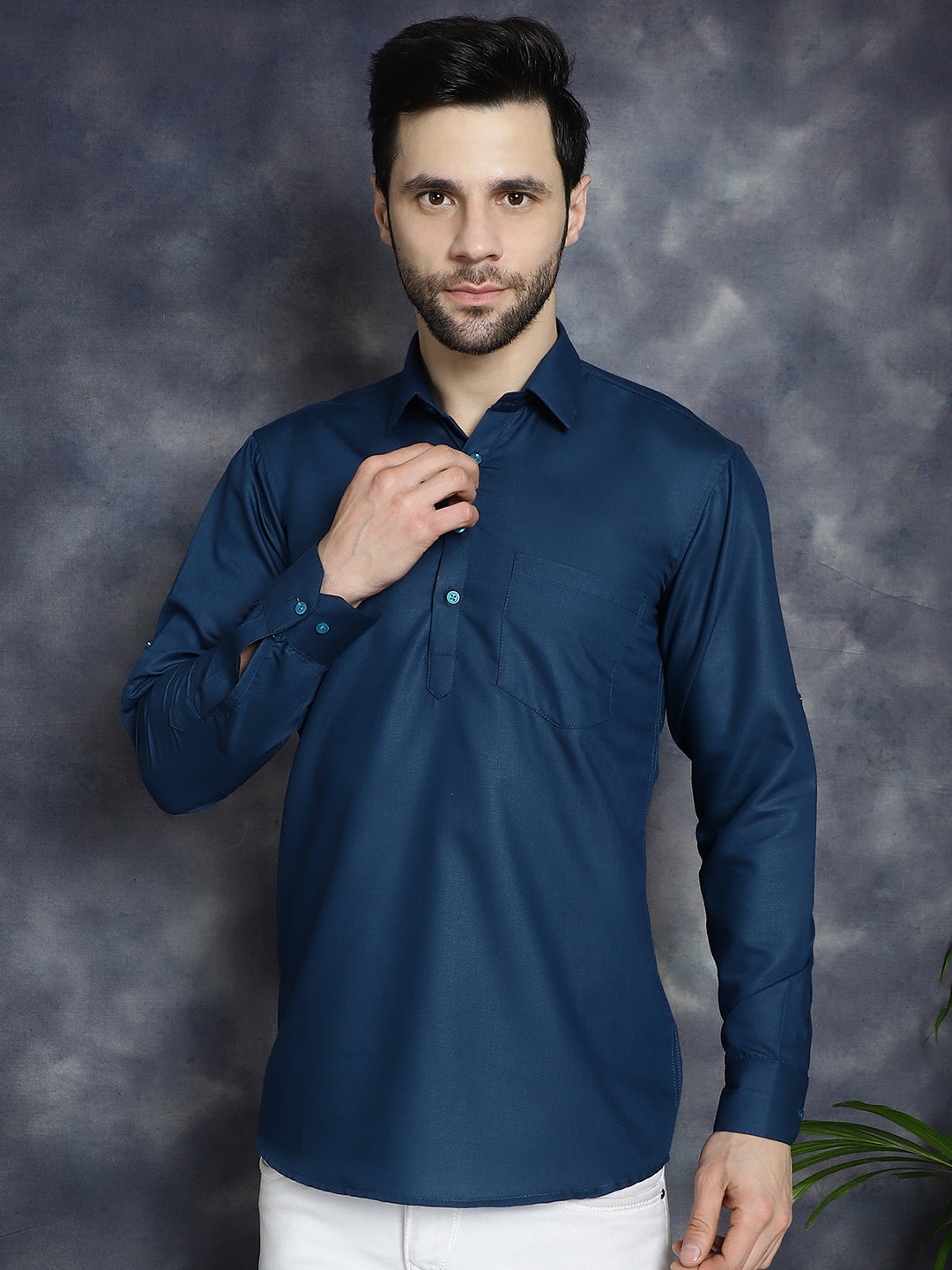 Jompers Men's Teal Blue Solid Short Kurta