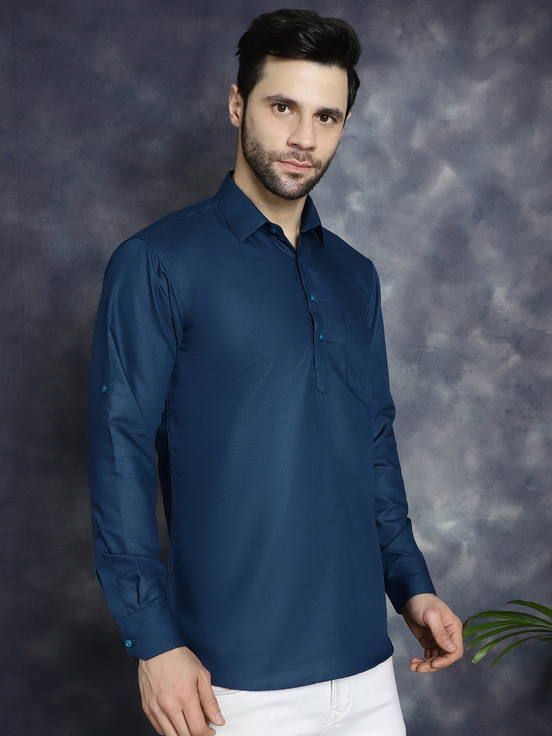 Jompers Men's Teal Blue Solid Short Kurta
