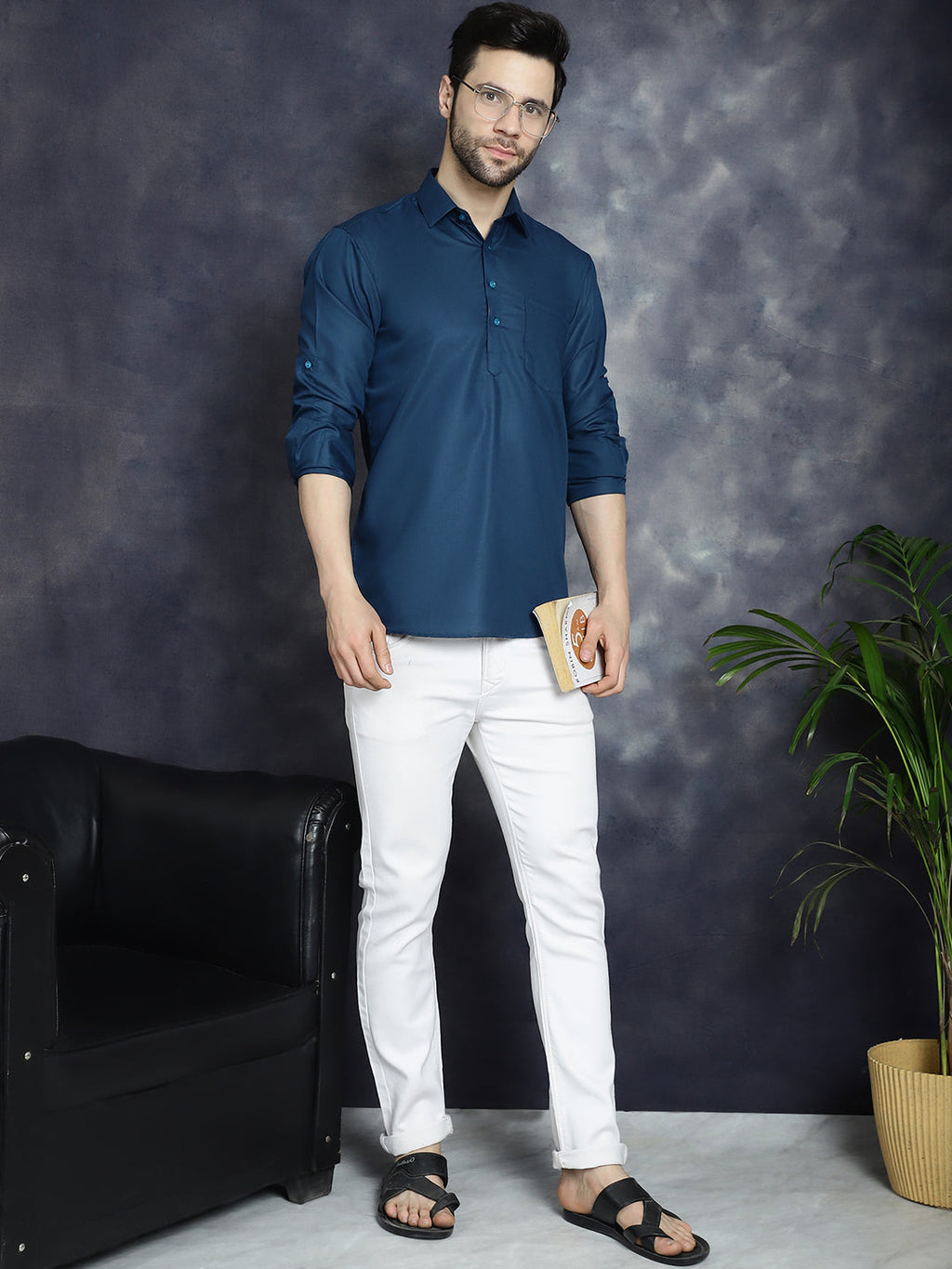 Jompers Men's Teal Blue Solid Short Kurta