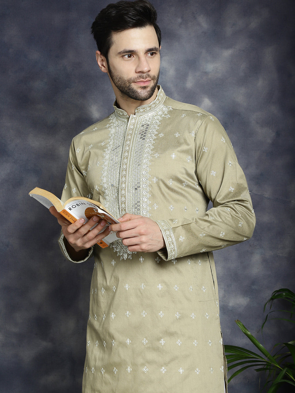Jompers Men's Sequins Embroidered Kurta - Beige
