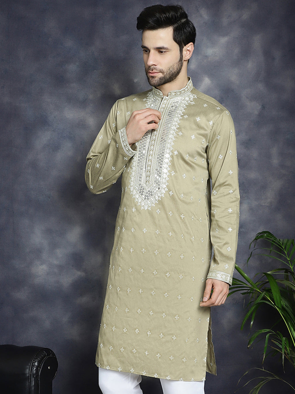 Jompers Men's Sequins Embroidered Kurta - Beige