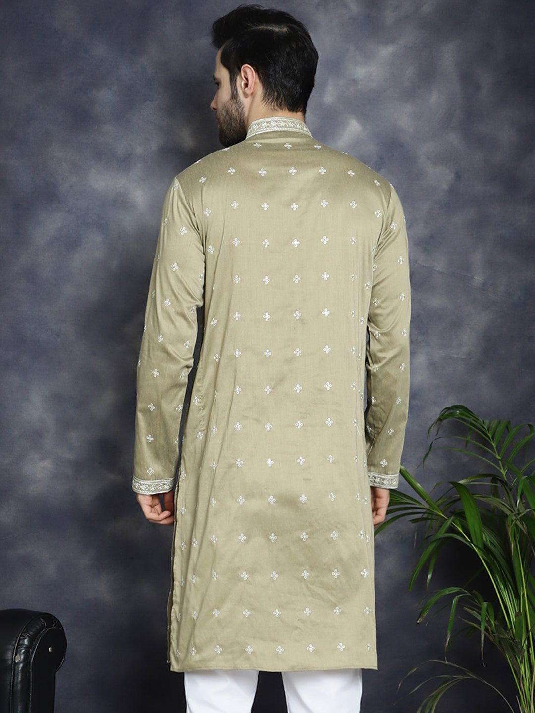Jompers Men's Sequins Embroidered Kurta - Beige