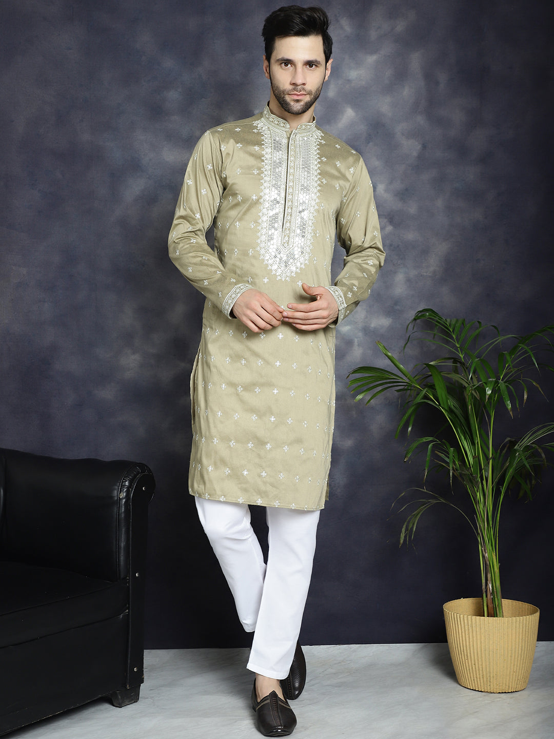 Jompers Men's Sequins Embroidered Kurta - Beige