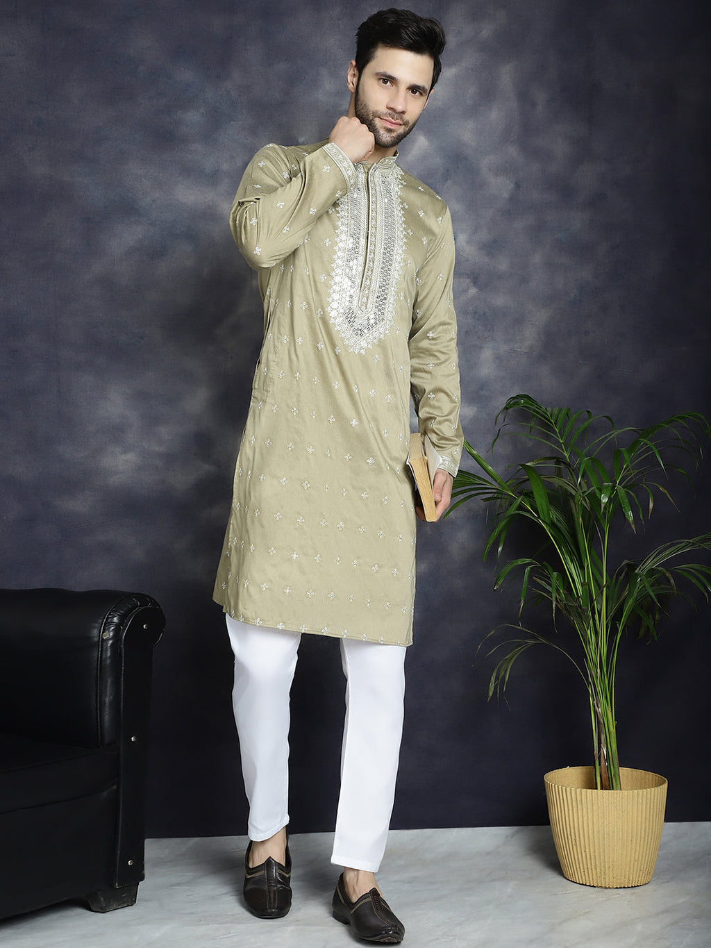 Jompers Men's Sequins Embroidered Kurta - Beige