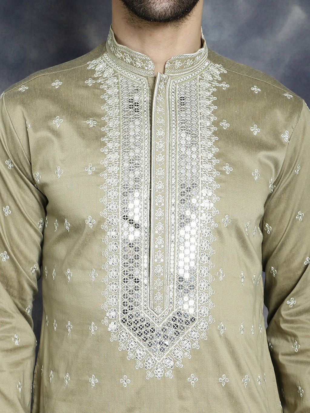Jompers Men's Sequins Embroidered Kurta - Beige