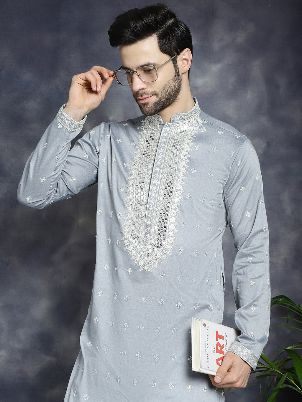 Jompers Men's Sequins Embroidered Kurta - Grey