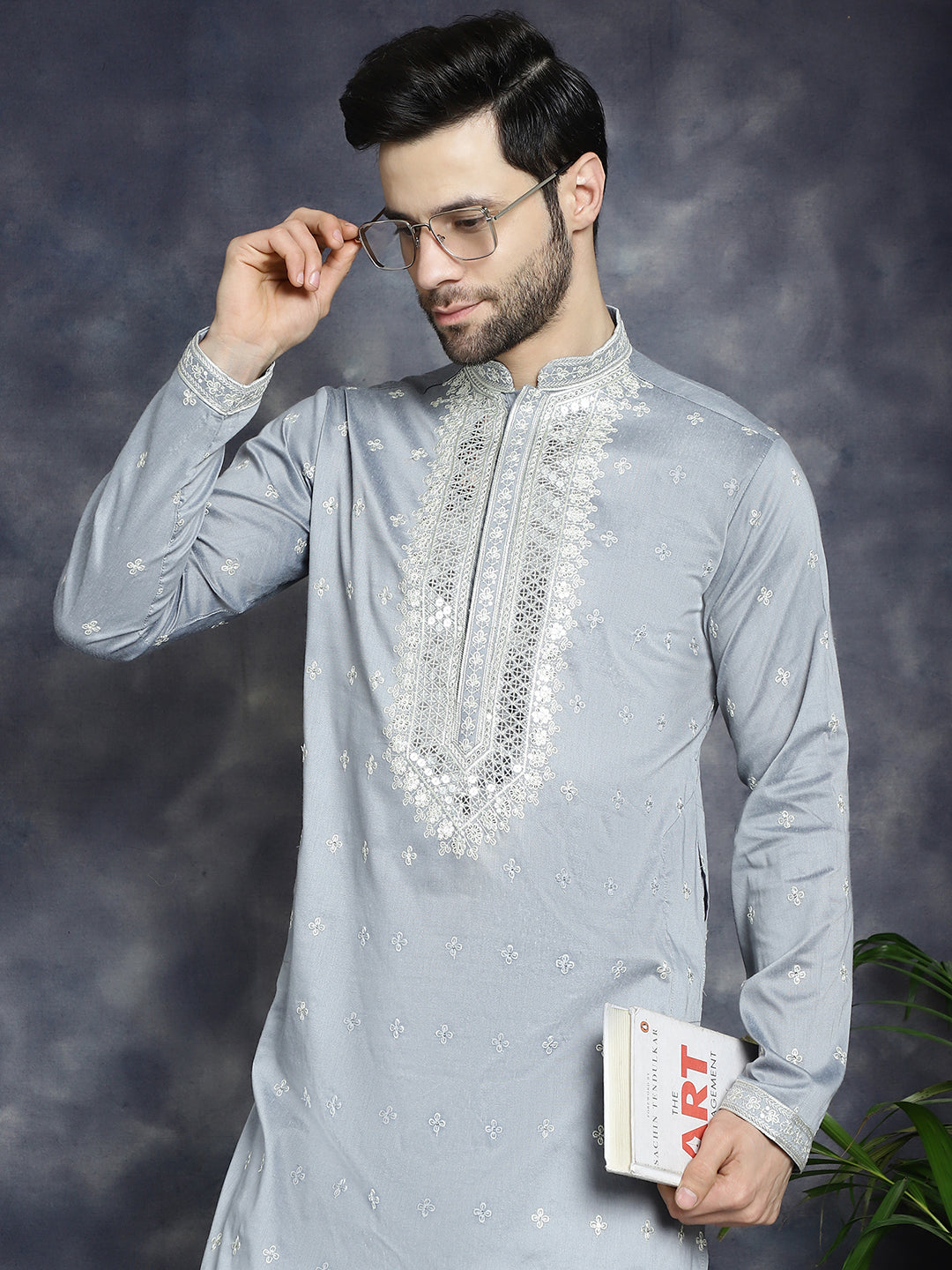 Jompers Men's Sequins Embroidered Kurta - Grey