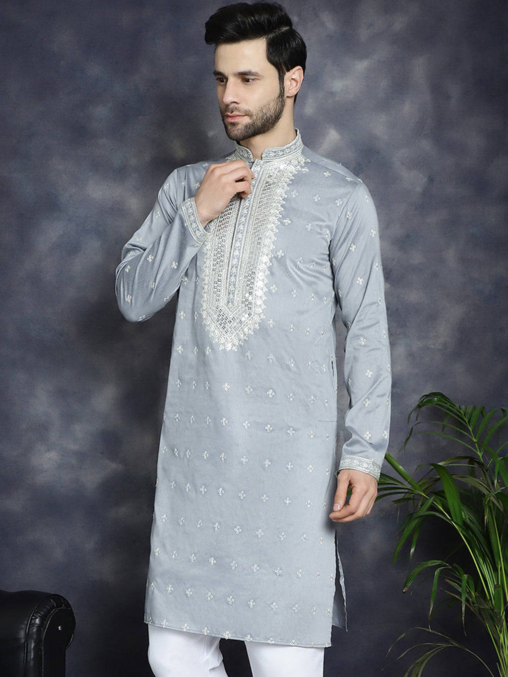 Jompers Men's Sequins Embroidered Kurta - Grey
