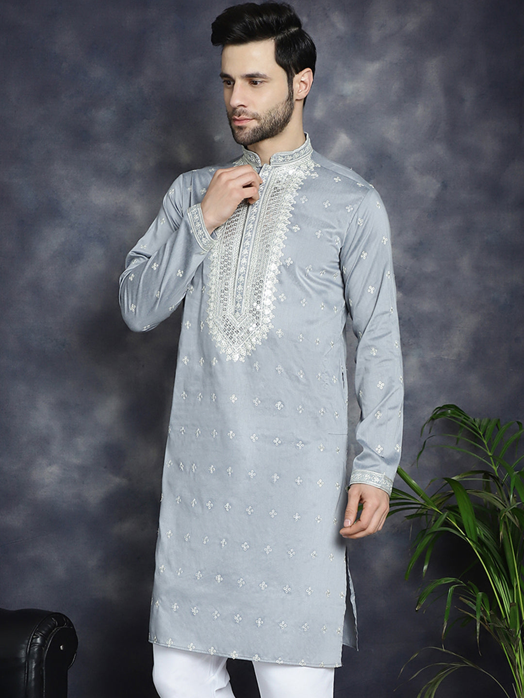 Jompers Men's Sequins Embroidered Kurta - Grey