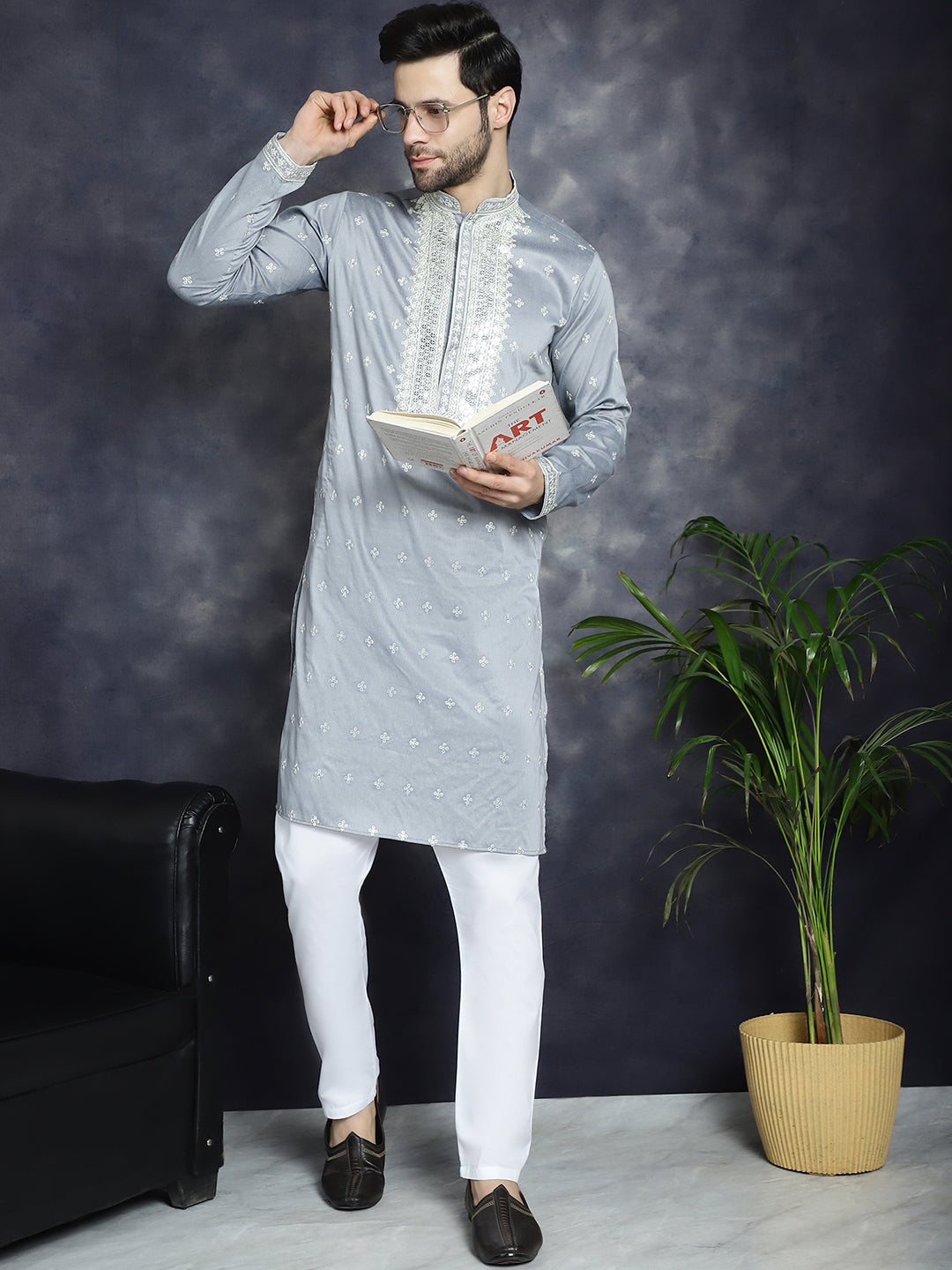 Jompers Men's Sequins Embroidered Kurta - Grey