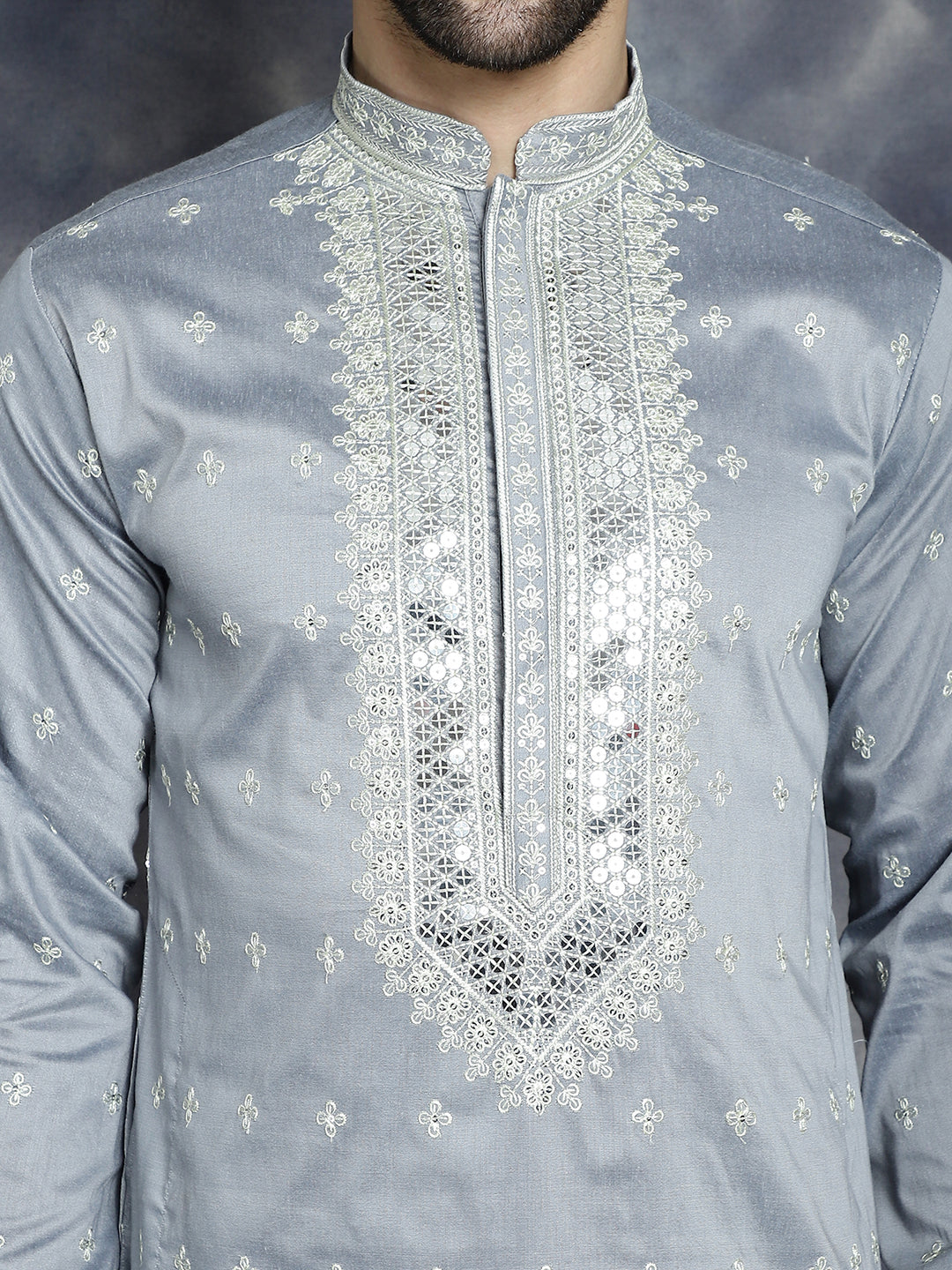 Jompers Men's Sequins Embroidered Kurta - Grey