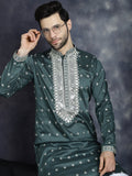 Jompers Men's Sequins Embroidered Kurta - Olive