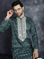 Jompers Men's Sequins Embroidered Kurta - Olive