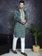 Jompers Men's Sequins Embroidered Kurta - Olive