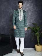 Jompers Men's Sequins Embroidered Kurta - Olive