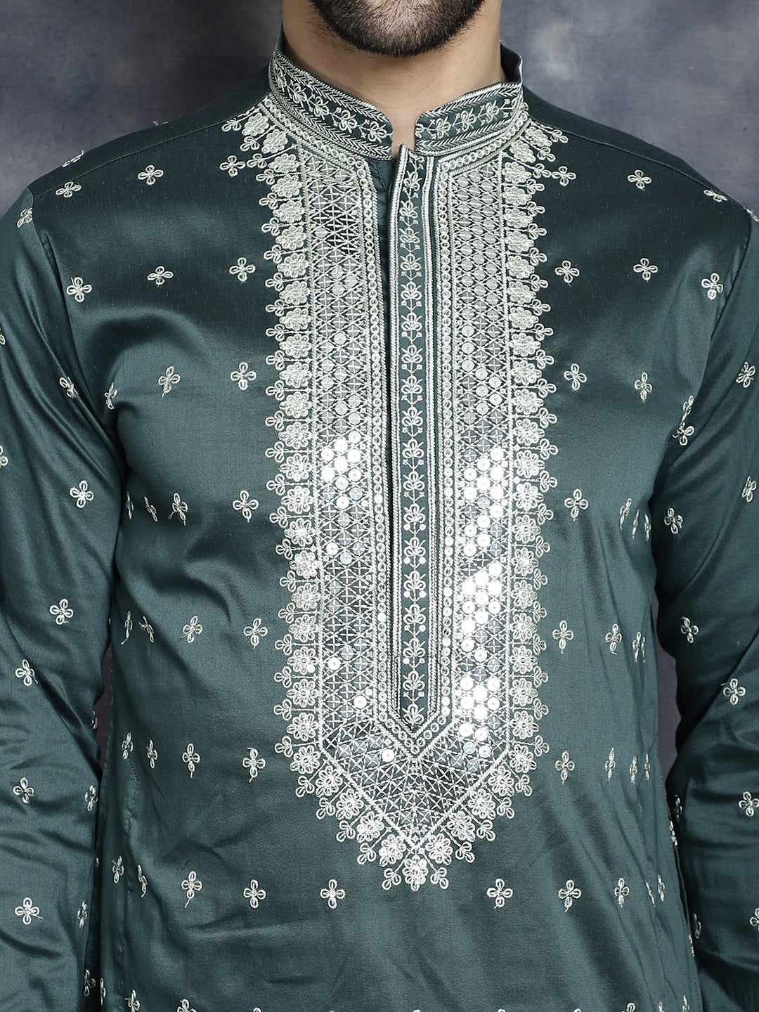 Jompers Men's Sequins Embroidered Kurta - Olive