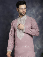 Jompers Men's Chikankari Embroidered Kurta - Magenta