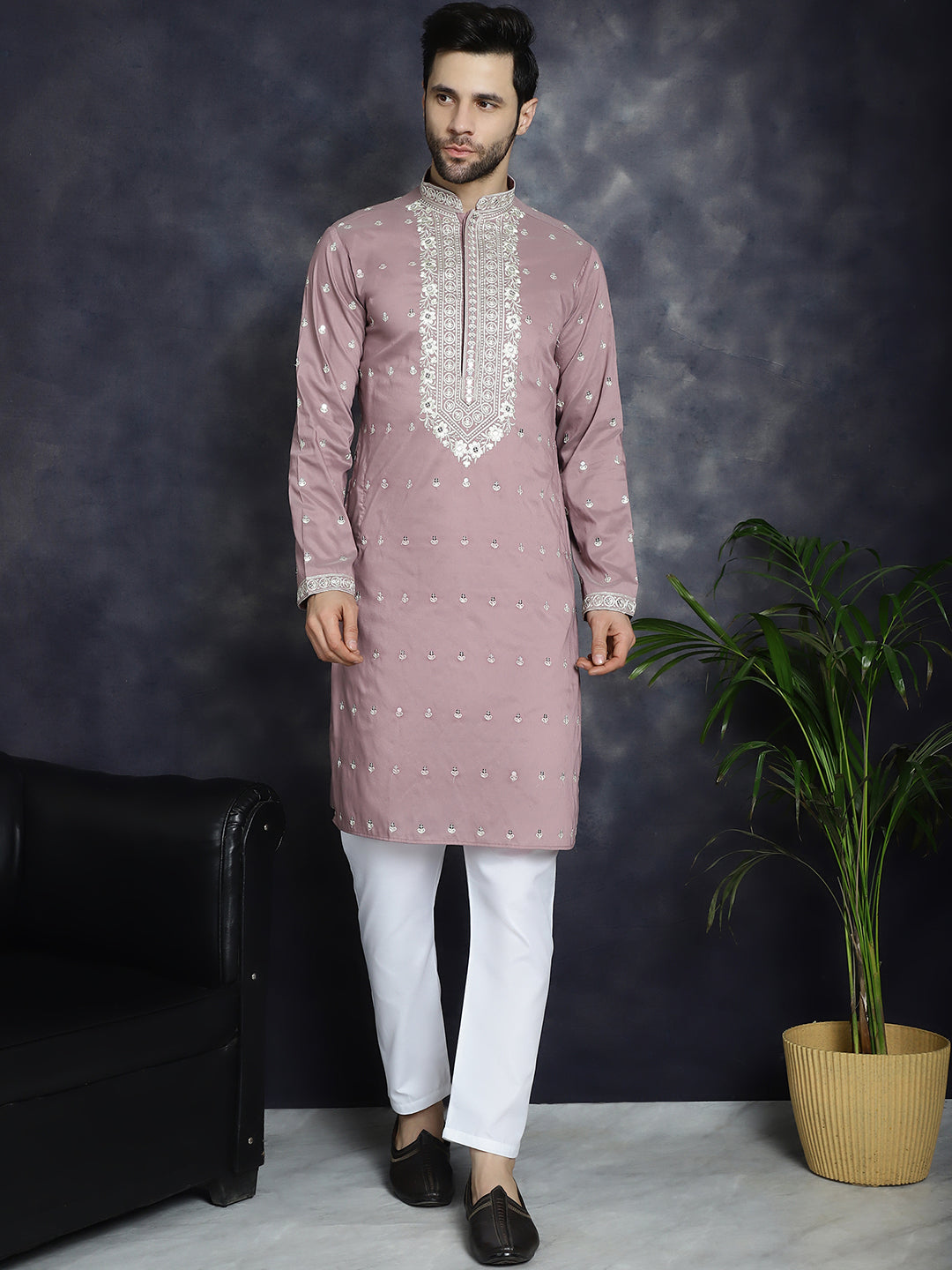 Jompers Men's Chikankari Embroidered Kurta - Magenta