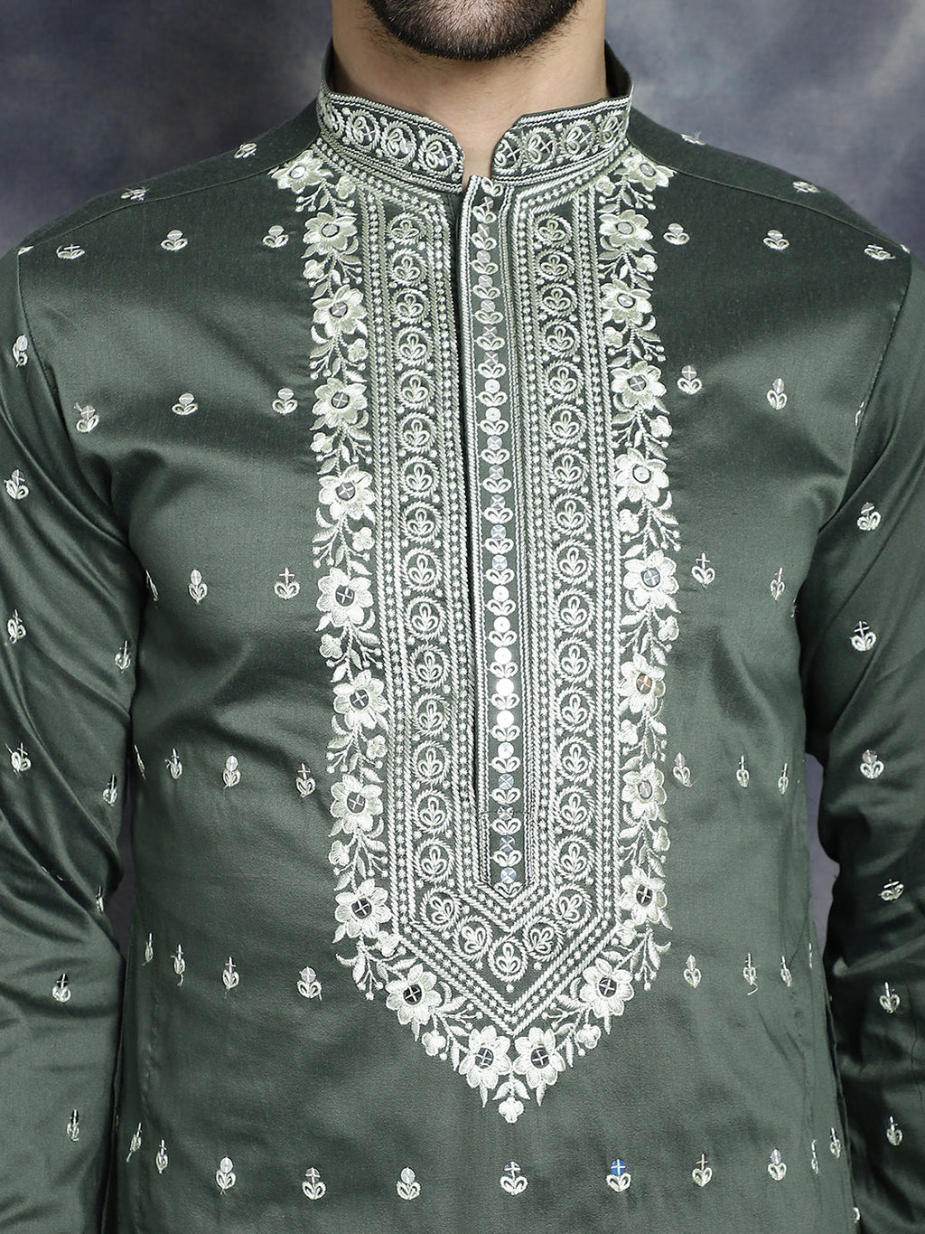 Jompers Men's Chikankari Embroidered Kurta - Olive