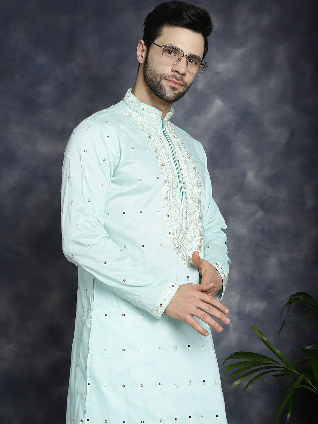 Jompers Men's Chikankari Embroidered Kurta - Sky Blue