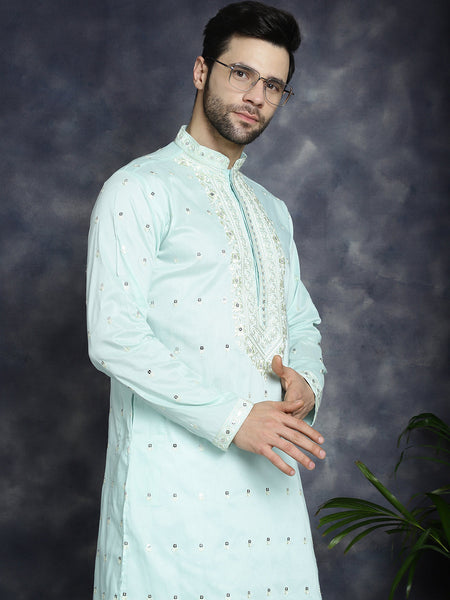 Jompers Men's Chikankari Embroidered Kurta - Sky Blue