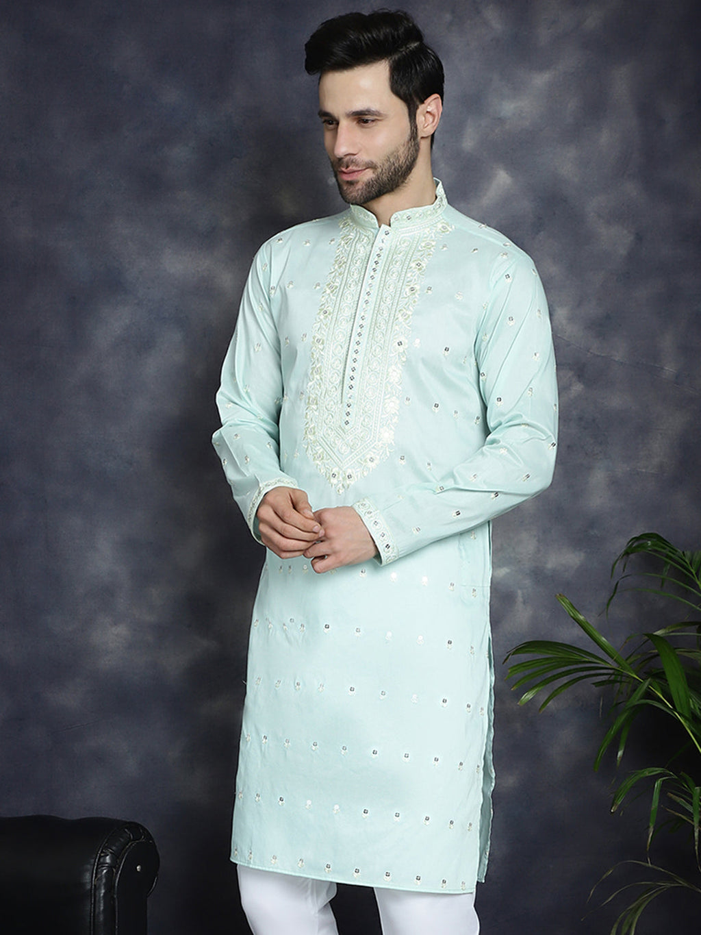 Jompers Men's Chikankari Embroidered Kurta - Sky Blue
