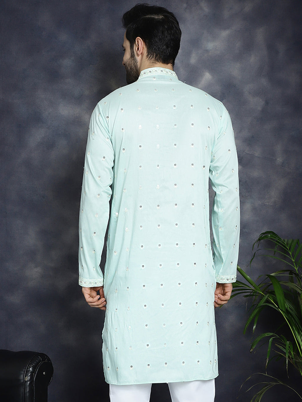 Jompers Men's Chikankari Embroidered Kurta - Sky Blue