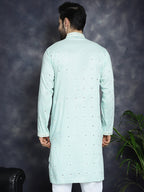 Jompers Men's Chikankari Embroidered Kurta - Sky Blue