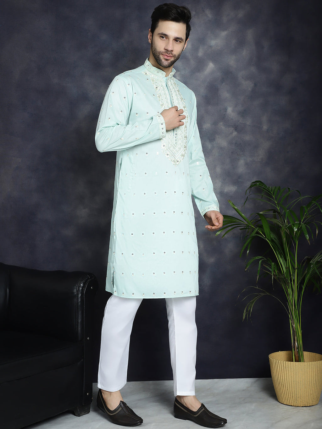 Jompers Men's Chikankari Embroidered Kurta - Sky Blue