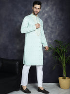 Jompers Men's Chikankari Embroidered Kurta - Sky Blue