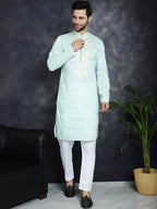 Jompers Men's Chikankari Embroidered Kurta - Sky Blue