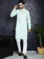 Jompers Men's Chikankari Embroidered Kurta - Sky Blue
