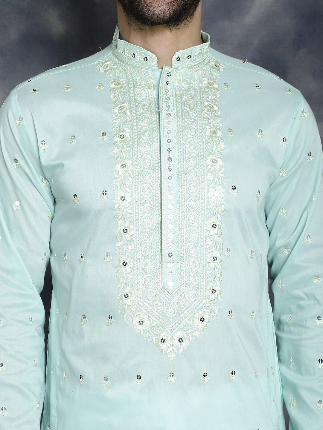 Jompers Men's Chikankari Embroidered Kurta - Sky Blue