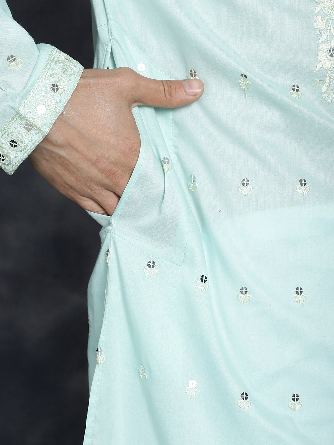 Jompers Men's Chikankari Embroidered Kurta - Sky Blue