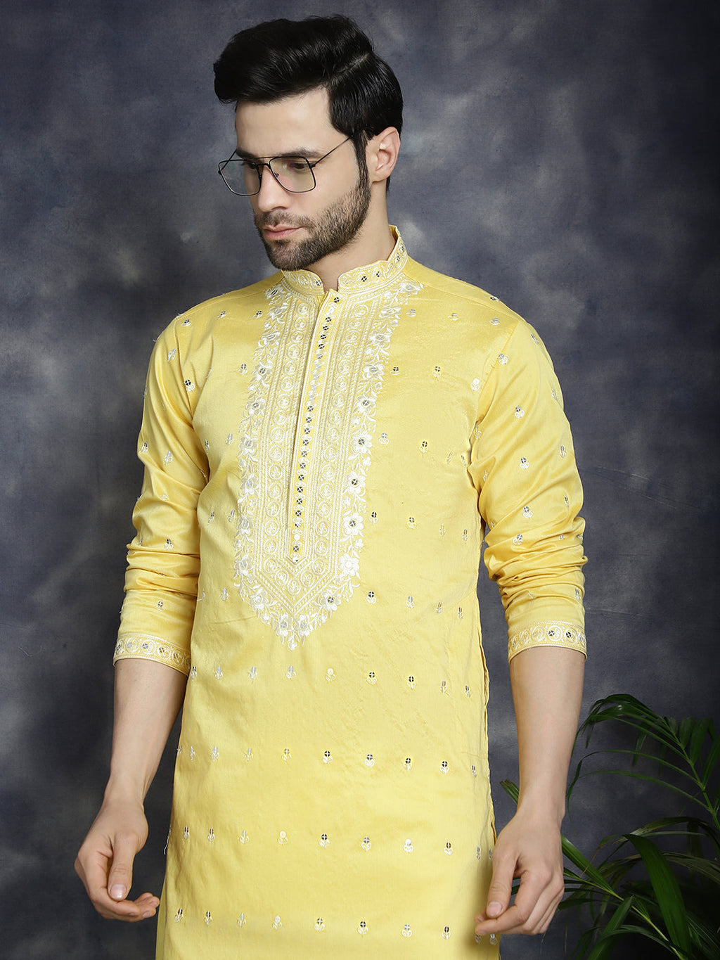 Jompers Men's Chikankari Embroidered Kurta - Yellow