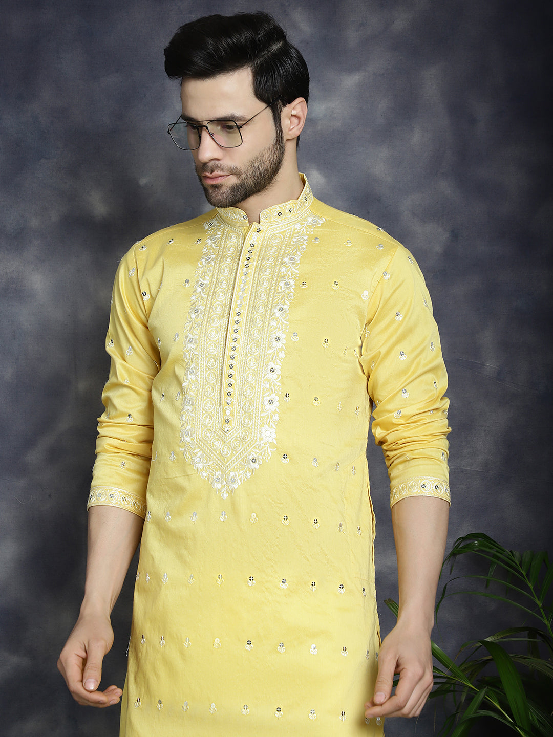 Jompers Men's Chikankari Embroidered Kurta - Yellow