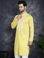 Jompers Men's Chikankari Embroidered Kurta - Yellow